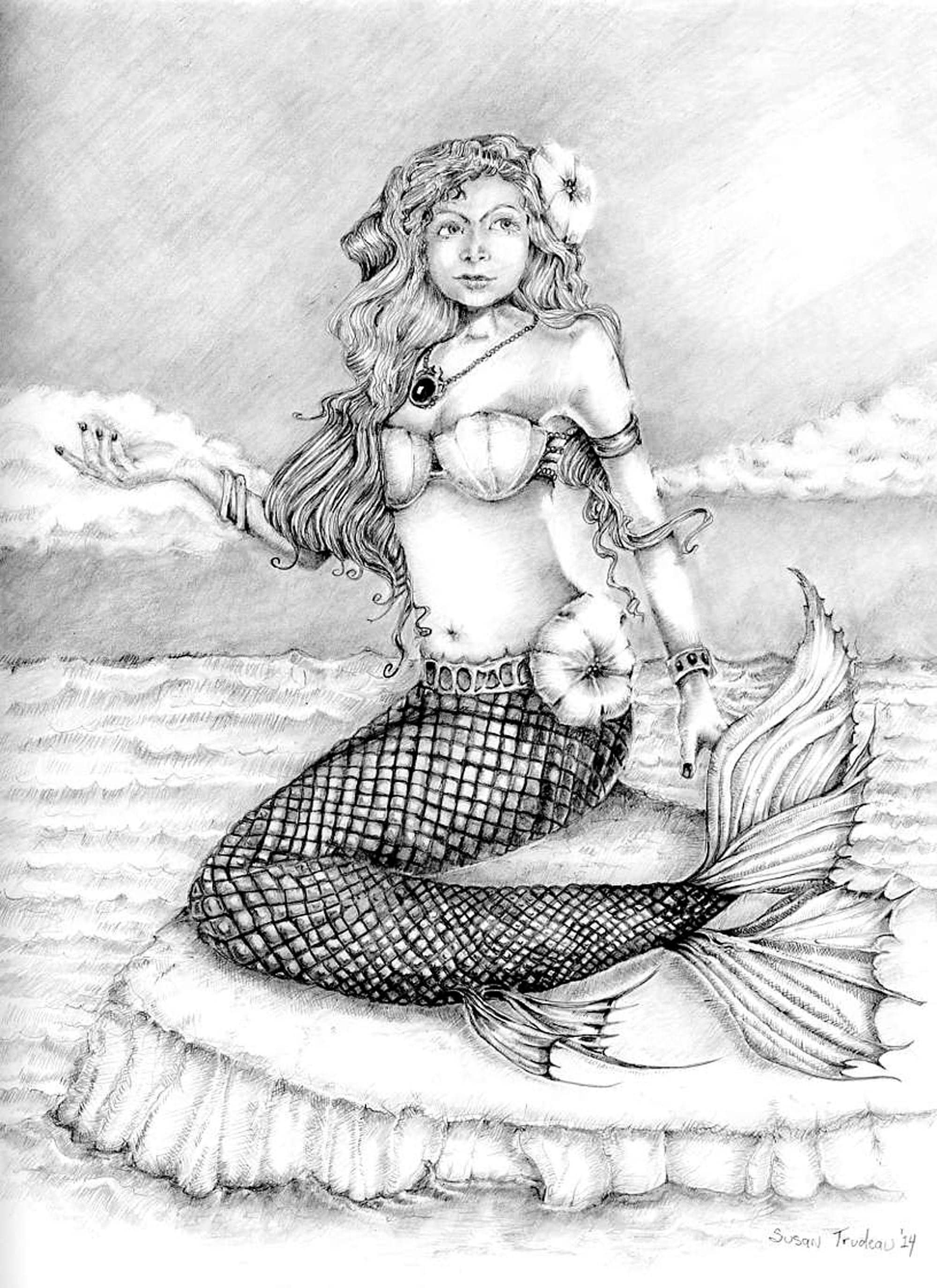 Mermaid on Island Pencil Drawing Mermaid Realistic Drawings Black and White Sketch