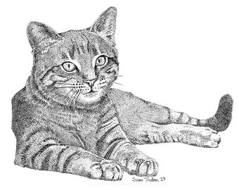 Cute Cat in Ink-Original Illustration of a Striped Cat-Cat Realistic Drawing-Realism-Black and White-Sketch