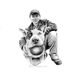 Fetch - Man with Pit Bull and Ball-Realistic Original Pencil Art-Artwork-Realistic Sketch-Animal-Man-Dog