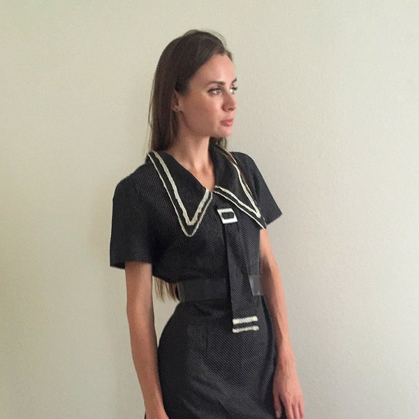 Witchy Swiss Dot Retro Dress - Exaggerated Wednesday Adams Collar // Vintage Polka Dot Dress // Gothic 70s Dress // Mod Dress // Retro