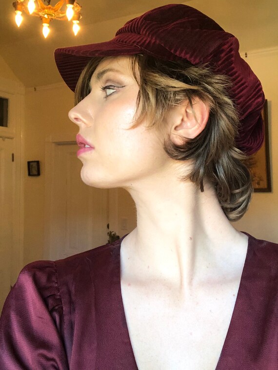 C. 1970s Striped Scarlet Red Cap | velvet hat
