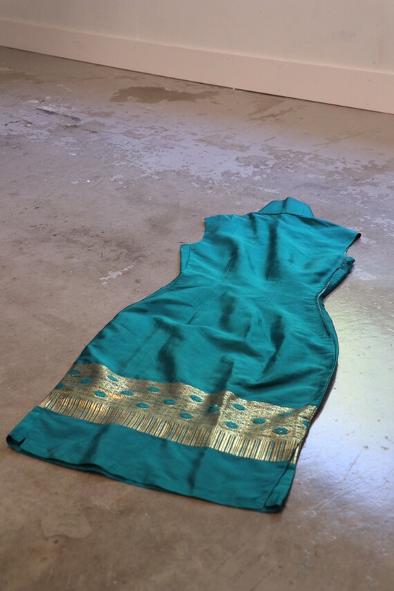 1950s Gold Aquamarine Qipao | midcentury dress 195