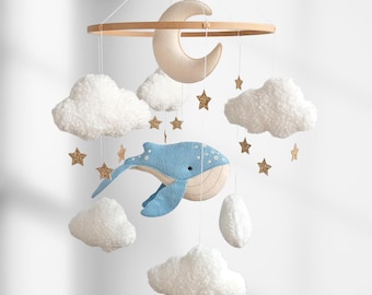 Ocean Whale Baby Mobile - Nautical Crib Decor with Moon and Clouds for Neutral Nursery