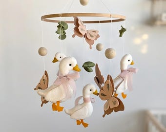 Silly Goose & Butterflies Baby Mobile: Garden Nursery Decor, Beige Boho Crib Hanging, Cottagecore Newborn Room Accent, Baby Shower Gift