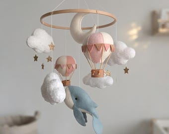 Ocean Baby Mobile, Whale & Hot Air Balloons - Pink Nursery Decor, Moon Stars Clouds, Nautical Crib Hanging, Newborn Baby Shower Gift