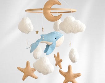 Whale Baby Mobile for Nursery - Neutral Ocean Crib Decor with Clouds and Starfish