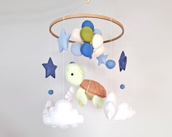 Turtle Baby Mobile for Nursery - Ocean Crib Decor with Clouds and Balloons in Nautical Style, Baby Shower Gift