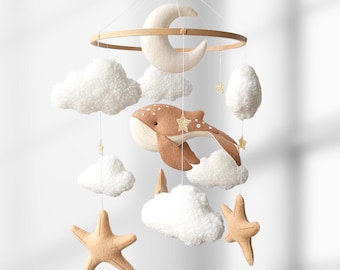 Whale Baby Mobile for Nursery - Nautical Crib Decor with Moon, Clouds and Starfish in Neutral Boho Style