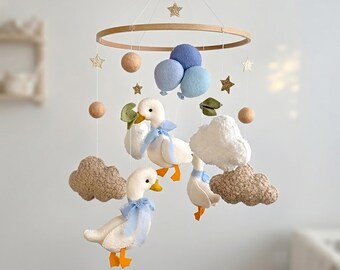 Silly Goose Baby Mobile: Balloons & Clouds Nursery, Cottagecore Crib Hanging Decor, Boy Newborn Boho Shabby Room, Baby Shower Gift