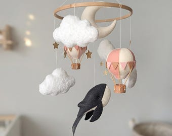 Nautical Baby Mobile, Whale & Hot Air Balloons - Ocean Nursery, Moon Stars Clouds Hanging Decor for Crib, Newborn Baby Shower Gift