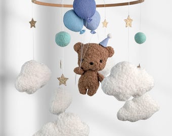 Teddy Bear Baby Mobile: Neutral Nursery Decor Blue Balloons & Clouds