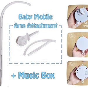May include: White baby mobile arm attachment with two white plastic arms and a white music box with a wind-up key. The music box has a label that says "Wind up MUSIC BOX" and "12 tunes". A second music box is shown with a label that says "35 tunes".