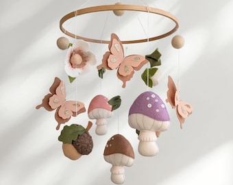 Woodland Baby Mobile Mushroom & Buterflies: Garden Nursery Girl Crib Decor