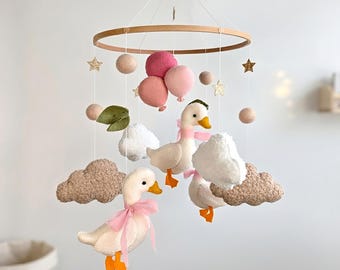 Silly Goose Baby Mobile for Cottagecore Nursery: Girly Balloons & Clouds Hanging Crib Decor, Newborn Cottage Room, Baby Shower Gift