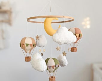 Hot Air Balloon Baby Mobile, Beige Green Nursery Decor, Moon Stars Crib Hanging, Boho Newborn Infant Room Accent, Baby Shower Gift