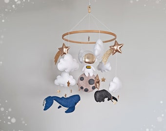 Whales baby mobile, Baby mobile space, Baby mobile whales in sky, Neutral nursery mobile, Baby crib mobile whales