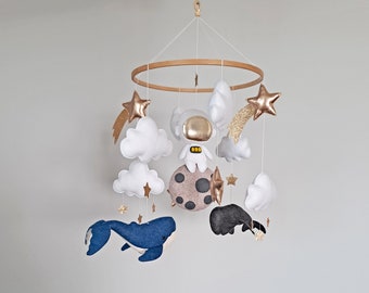 Whales baby mobile, Baby mobile space, Baby mobile whales in sky, Neutral nursery mobile, Baby crib mobile whales