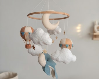 Ocean Whale Baby Mobile, Hot Air Balloons & Moon Stars Clouds, Nautical Nursery Decor, Whimsical Crib Hanging, Newborn Baby Shower Gift