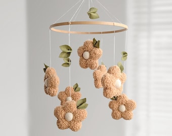 Daisy Baby Mobile for Cottage Style Nursery - Beige Boho Crib Decor with Boucle Flowers, Girl Baby shower Gift