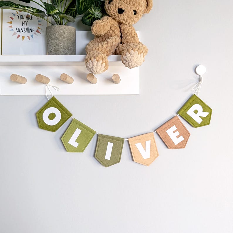 Woodland Kids Name Bunting - Forest Playroom Pennant Banner - Personalized Pennant Garland for Baby - Nursery Room Decor Nature Sign Flags image 1