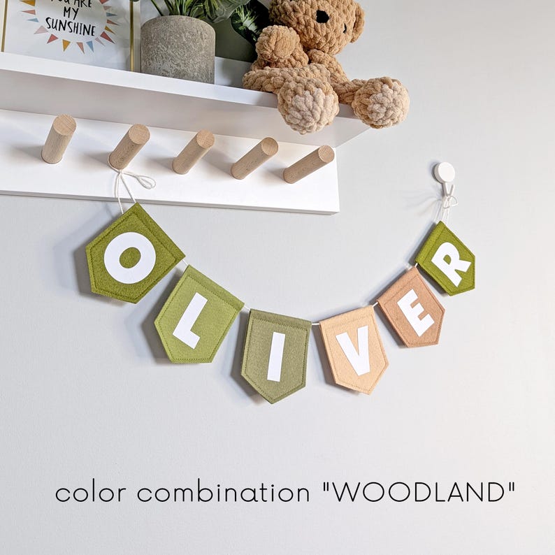 Woodland Kids Name Bunting - Forest Playroom Pennant Banner - Personalized Pennant Garland for Baby - Nursery Room Decor Nature Sign Flags image 2