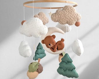 Woodland Baby Mobile Bear & Trees: Forest Nursery Crib Decor, Baby Shower Gift for Newborn
