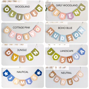 Woodland Kids Name Bunting - Forest Playroom Pennant Banner - Personalized Pennant Garland for Baby - Nursery Room Decor Nature Sign Flags image 6
