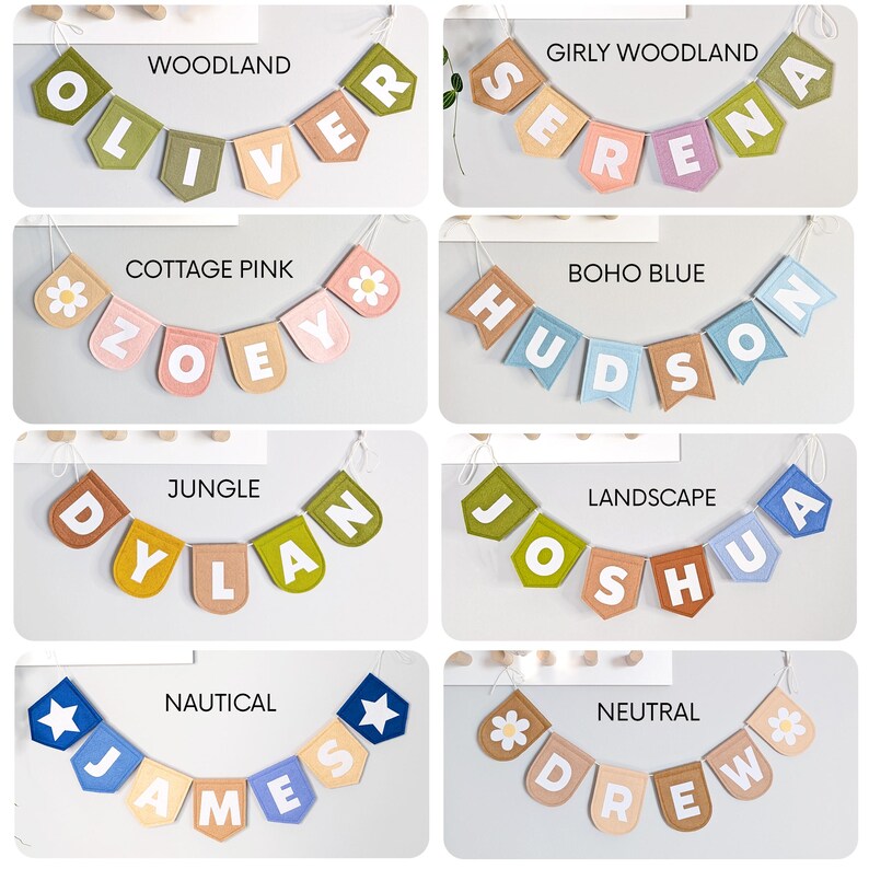 Woodland Kids Name Bunting - Forest Playroom Pennant Banner - Personalized Pennant Garland for Baby - Nursery Room Decor Nature Sign Flags image 6