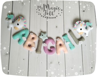 Baby name banner unicorn - Nursery name garland - Unicorns baby banner - Princess baby name garland - Baby name bunting - Custom name banner