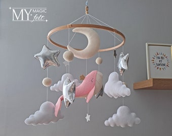 Mobile for crib whales Nursery mobile whale Crib mobile pink whale Baby mobile ocean Nautical nursery Mobile for girl Baby shower gift