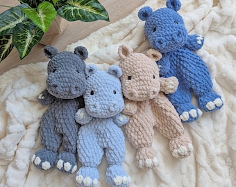 Crochet Hippo Snuggler Plush - Safari Lovey for Baby - Soft Hippo Comfort Toy - African Nursery Decor