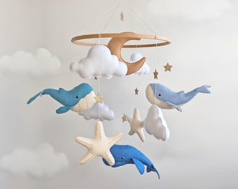 Whale Baby Mobile, Blue Ocean Nursery Decor, Sea Life Crib Hanging, Underwater Room Accent with Moon & Clouds, Nautical Baby Shower Gift