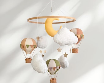 Neutral Baby Mobile Hot Air Balloons & Clouds: Beige Green Nursery, Boho Crib Decor, Baby Shower Gift