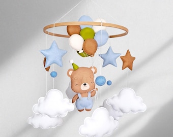 Bear Baby Mobile for Nursery - Neutral Crib Decor with Balloons, Clouds and Stars