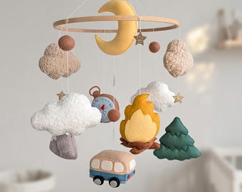 Camping Baby Mobile, Woodland Nursery Decor, National Park Crib Hanging, Nature Adventure Newborn Room Accent, Rustic Baby Shower Gift