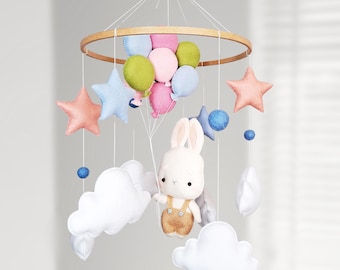Bunny Baby Mobile for Nursery - Colorful Crib Decor with Balloons, Clouds and Stars