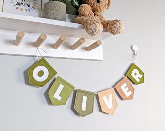 Custom Kids Name Bunting - Woodland Nursery text Garland - Forest Flags for Baby Room - Nature Playroom Decor - Personalized Kids Door Sign