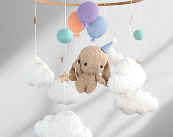 Teddy Bunny Baby Crib Mobile: Balloons & Clouds Neutral Nursery Decor
