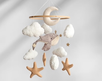 Ocean Baby Mobile Whale for Nautical Nursery, Underwater Newborn Decor with Moon Clouds & Starfish