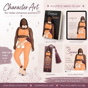 May include: Digital character art for romance authors featuring a dark-skinned person in an orange athletic set with a sweater tied around the waist. The graphic displays examples of book covers, chapter openers, bookmarks, and social media posts.