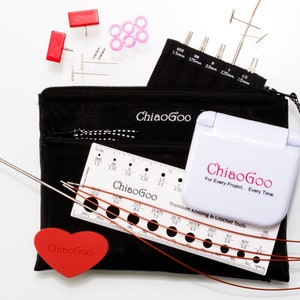 May include: A set of knitting needles and tools in a black zippered pouch. The set includes a variety of sizes of needles, a ruler, a gauge tool, and a heart-shaped stitch marker. The pouch is labeled "ChiaoGoo" and the tools are labeled "ChiaoGoo For Every Project. Every Time."