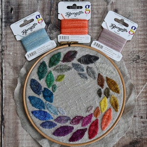 Może przedstawiać: Zbliżenie na okrągłą obręcz do haftu z lnianym tłem. Tkanina jest haftowana tęczą kolorowych liści. Na tle widoczne są trzy szpulki nici do haftu z etykietą "Fibergyates".