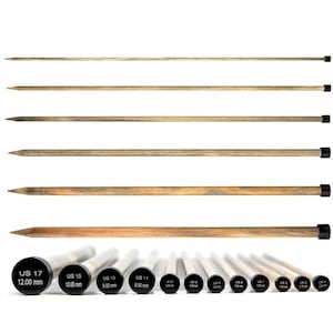 May include: A collection of wooden knitting needles in various sizes, with black caps on the ends. The needles are arranged with their sizes labeled, ranging from US 4 (3.50 mm) to US 17 (12.00 mm).