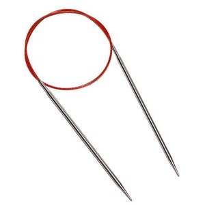 May include: A pair of silver knitting needles with a red cord connecting the tips.