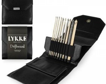 Juego de agujas de crochet Lykke de 6 pulgadas / Madera flotante / Set de regalo / 10 agujas / Estuche de piel sintética negro
