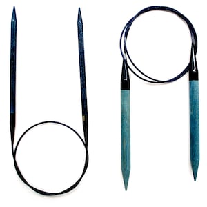 May include: A set of two blue knitting needles, one is a circular needle with a cable and the other is a straight needle.