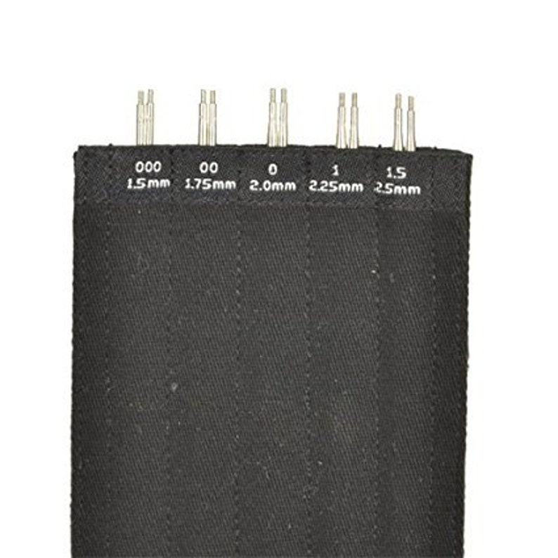May include: A set of six interchangeable knitting needles in a black fabric case. The needles are labeled with sizes 000 (1.5 mm), 00 (1.75 mm), 0 (2.0 mm), 1 (2.25 mm), and 1.5 (2.5 mm).