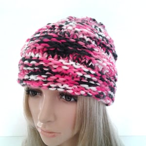 Handmade knitted hat multicolor pink black white women, Winter hat, Headgear Toque Head warmer, Christmas birthday gift