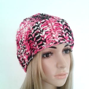 Handmade knitted hat multicolor pink black white, Women&#39;s winter hat, Headgear, Skullcap, Beanie, Beret, Birthday gift