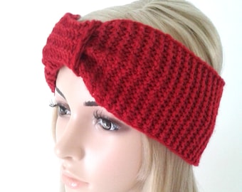 Turban Style Red Headband, Hand knit Women's Headwrap, Fall Winter headband. Handmade Ear warmer. Earmuffs, Gift for her